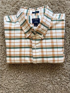 J. Crew Men's Button-Down Oxford Shirt in White with Green & Tan Plaid